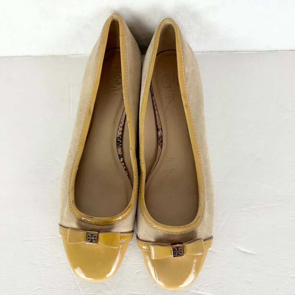 Tory Burch Cap Toe Ballet Flats Size 9 Suede Patent Leather Butter Yellow Tan